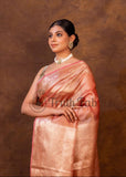 Peach color Pure Banarasi Handloom Kora Tissue Silk Saree