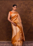 Safety Orange Pure Banarasi Handloom Kora Tissue Silk Saree