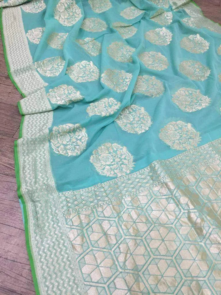 Banarasi Handloom Khaddi Georgette Saree With Water Zari - Sky Blue - Truth Fab