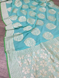 Sky Blue Pure Banarasi Handloom Khaddi Georgette Saree Water Zari