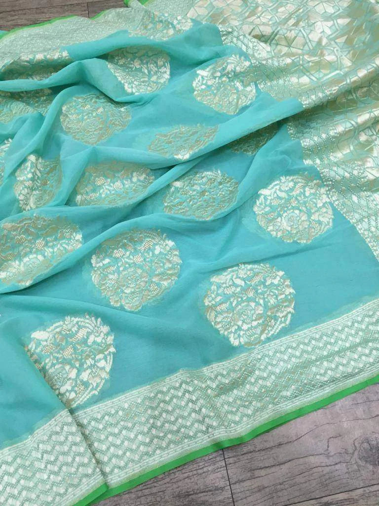 Banarasi Handloom Khaddi Georgette Saree With Water Zari - Sky Blue - Truth Fab