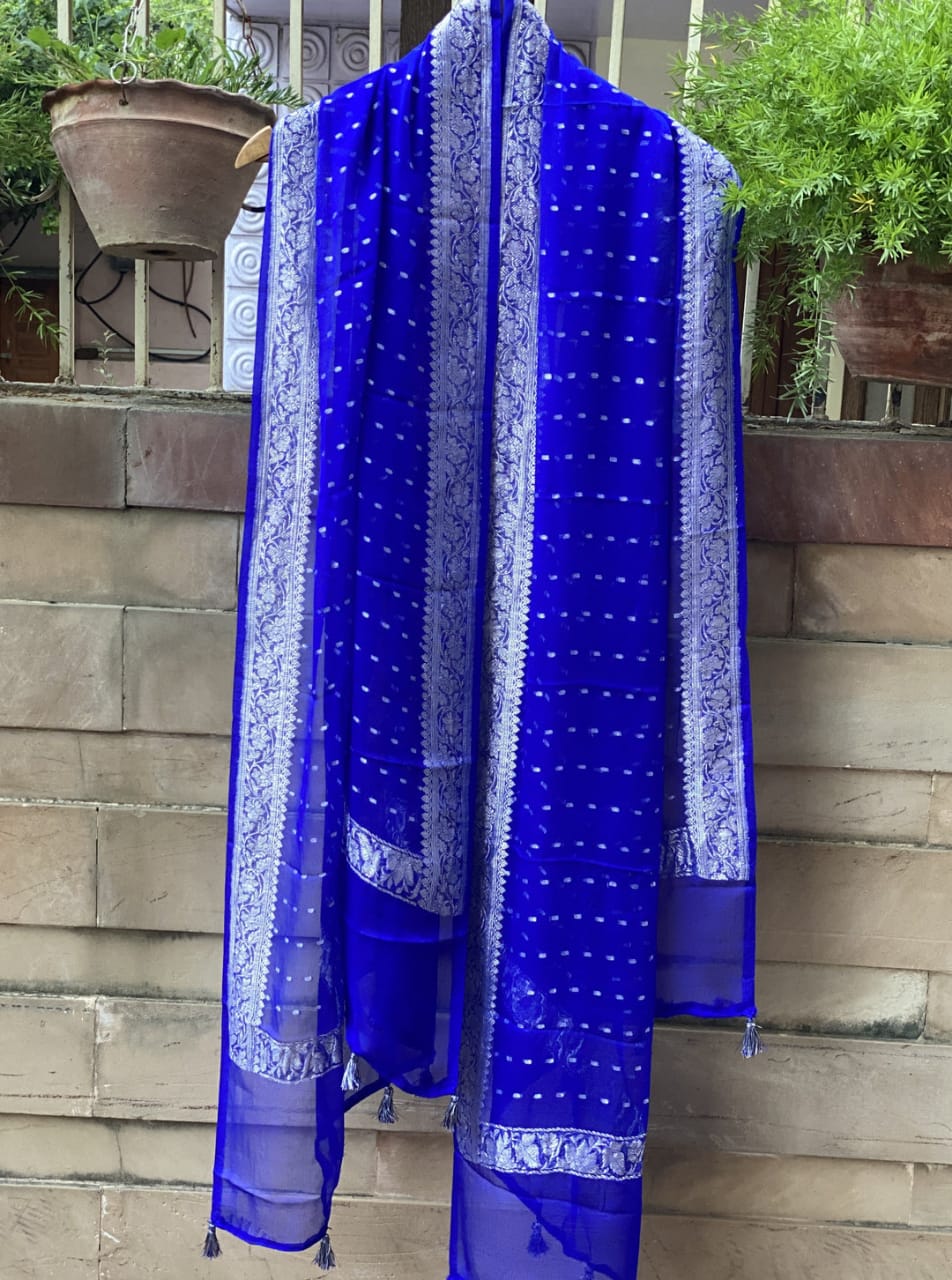Blue pure handloom chiffon silver zari banarasi dupatta