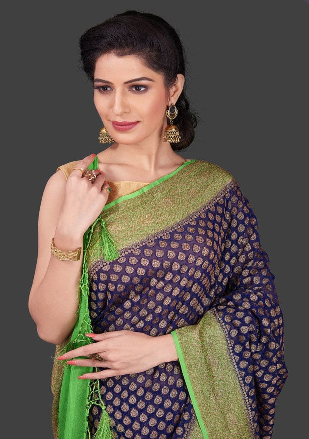 Antique zari work banarasi handloom khaddi saree in deep blue color