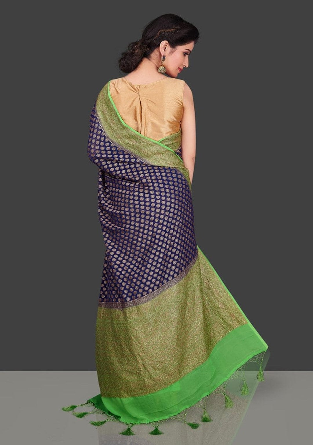 Handloom georgette banarasi saree with antique zari work in deep blue color