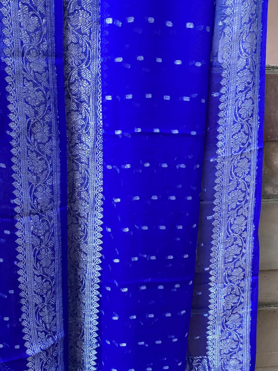 Blue pure handloom chiffon silver zari banarasi dupatta