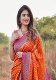 Handloom banarasi georgette saree in orange color with antique zari work