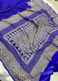 Handloom banarasi georgette saree in blue color with antique zari work