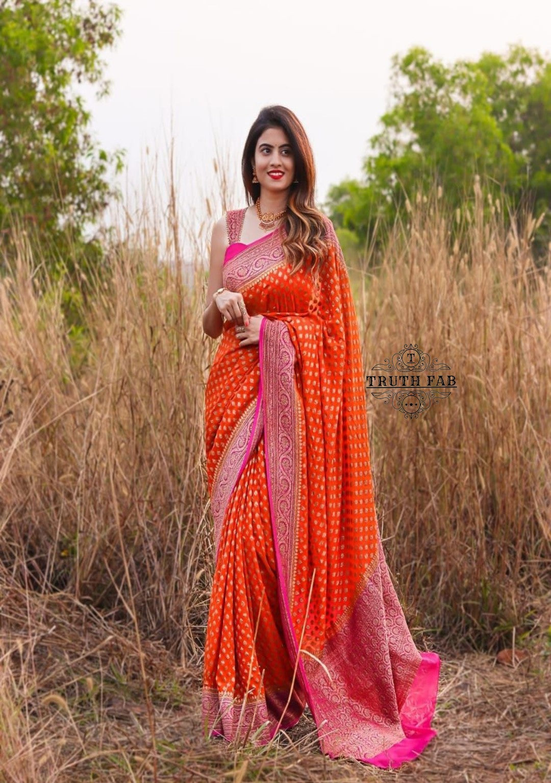 Orange handloom georgette banarasi saree antique zari work