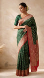 Bottle Green Pure Banarasi Handloom Khaddi Georgette Saree- Water Zari