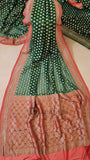 Bottle Green Pure Banarasi Handloom Khaddi Georgette Saree- Water Zari