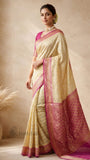 Cream Pure Banarasi Handloom Khaddi Georgette Saree- Water Zari