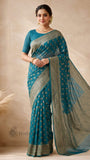 Pine Green Pure Banarasi Handloom Khaddi Georgette Saree- Antique Zari