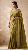 Kelly Green Pure Banarasi Handloom Khaddi Georgette Saree- Antique Zari