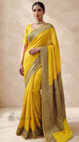 Yellow Color Pure Banarasi Handloom Crep Georgette Saree- Antique Zari