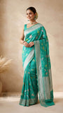 Teal Green Pure Banarasi Handloom Tussar Georgette Saree