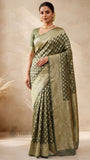 Hunter Green Pure Banarasi Handloom Khaddi Georgette Saree- Water Zari