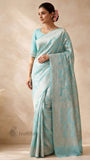 Baby Blue Color Pure Banarasi Handloom Khaddi Georgette Saree- Silver Zari