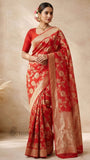 Red Color Pure Banarasi Handloom Khaddi Georgette Saree- Water Zari