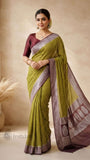 Olive Green Pure Banarasi Handloom Khaddi Georgette Saree- Water Zari
