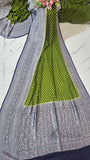 Olive Green Pure Banarasi Handloom Khaddi Georgette Saree- Water Zari