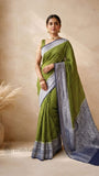 Olive Green Pure Banarasi Handloom Khaddi Georgette Saree- Water Zari