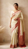 Cream Pure Banarasi Handloom Khaddi Georgette Saree- Water Zari