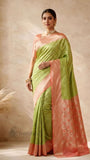 Parrot Green Pure Banarasi Handloom Khaddi Georgette Saree- Water Zari