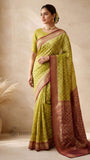 Olive Green Pure Banarasi Handloom Khaddi Georgette Saree- Water Zari