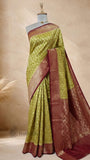 Olive Green Pure Banarasi Handloom Khaddi Georgette Saree- Water Zari