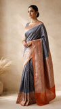 Grey Pure Banarasi Handloom Khaddi Georgette Saree- Water Zari
