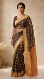 Chocolate Brown Pure Banarasi Handloom Khaddi Georgette Saree- Water Zari