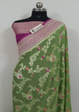 Lawn Green Pure Banarasi Handloom Khaddi Georgette Saree- Meenakari Design
