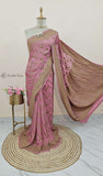 Rauge Pink Khaddi Georgette Banarasi Handloom Saree with Antique Zari Work - Truth Fab
