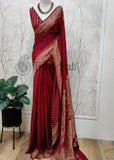 Khaddi Georgette Banarasi Handloom Saree with Antique Zari Work -Maroon- Truth Fab