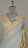 white chiffon gold zari banarasi saree