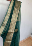 Bottle Green Blue Banarasi Handloom Kora Silk Saree - Truth Fab