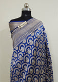 Blue Color Pure Banarasi Handloom Katan Silk Saree- All Over Sona Roopa Jaal Work