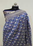 Blue Color Pure Banarasi Handloom Katan Silk Saree- All Over Sona Roopa Jaal Work