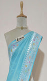 Sky Blue Banarasi Handloom Tussar Georgette Brocade Saree - Truth Fab