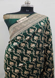 Green Color Pure Banarasi Handloom Katan Silk Saree- All Over Jaal Work