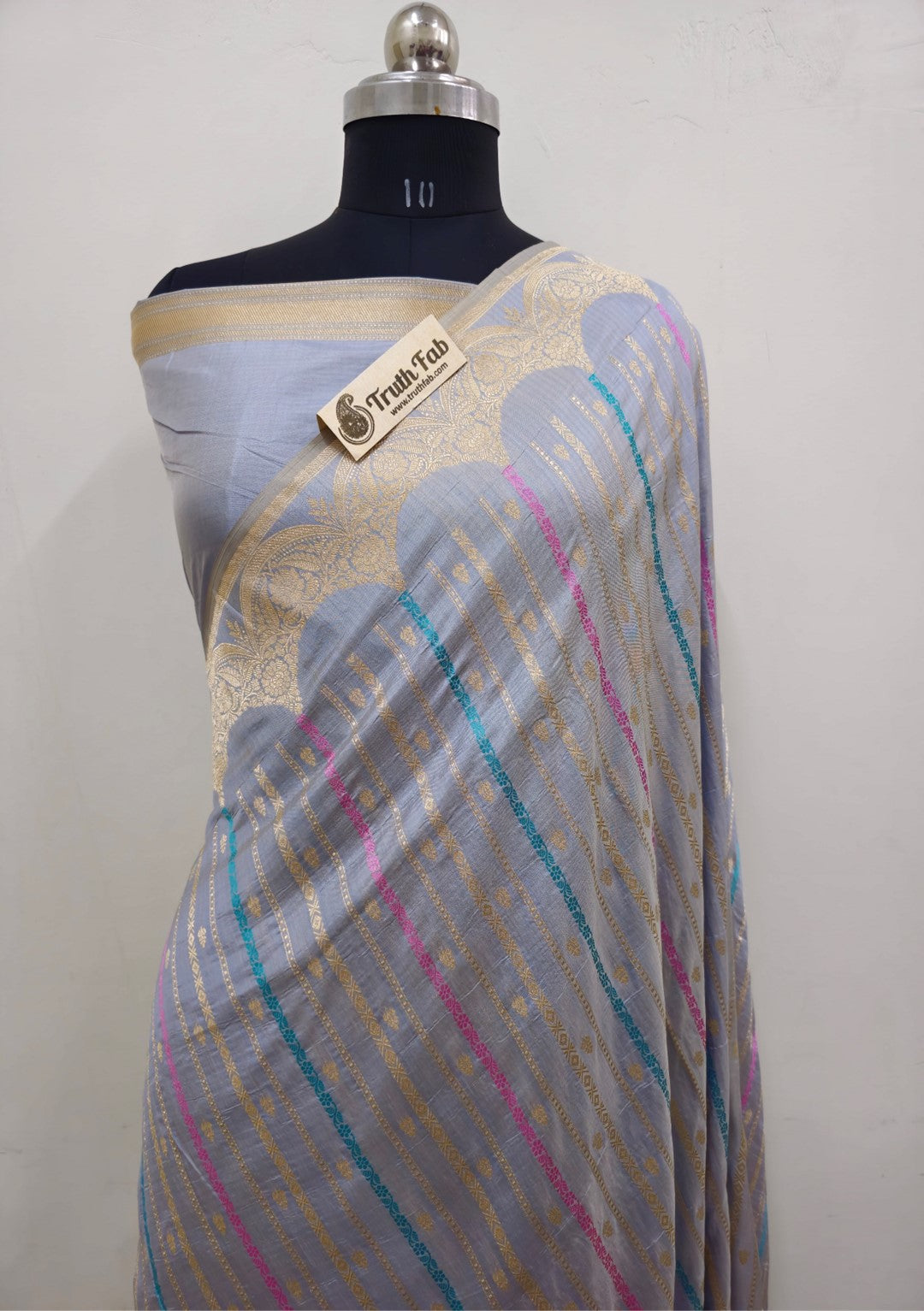 Columbia Blue Color Pure Banarasi Handloom Katan Silk Saree- All Over Stripe Work With Meenakari