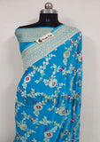 Azure Blue Banarasi Handloom Khaddi Georgette Saree With Meenakari - Truth Fab
