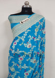 Azure Blue Pure Banarasi Handloom Khaddi Georgette Saree- Meenakari Design