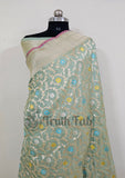 Pista Color Pure Banarasi Handloom Katan Silk Saree- All Over Jaal Work With Meenakari