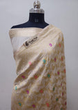 Off White Color Pure Banarasi Handloom Katan Silk Saree- All Over Jaal Work With Meenakari