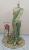 Pista Color Pure Banarasi Handloom Crush Tissue Silk Saree