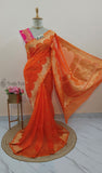 Banarasi Handloom Kora Silk Saree-Orange-Truth Fab