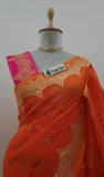 Banarasi Handloom Kora Silk Saree-Orange-Truth Fab