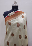 Off White Pure Banarasi Handloom Kora Silk Saree- Antique Zari