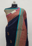 Dark Blue Pure Banarasi Handloom Kora Silk Saree- Antique Zari